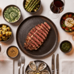 Steakhouse masasında dilimlenmiş biftek tabağı ve çevresinde küçük kaselerde mezeler, garnitürler ve soslar