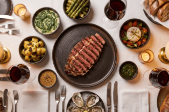 Steakhouse masasında dilimlenmiş biftek tabağı ve çevresinde küçük kaselerde mezeler, garnitürler ve soslar