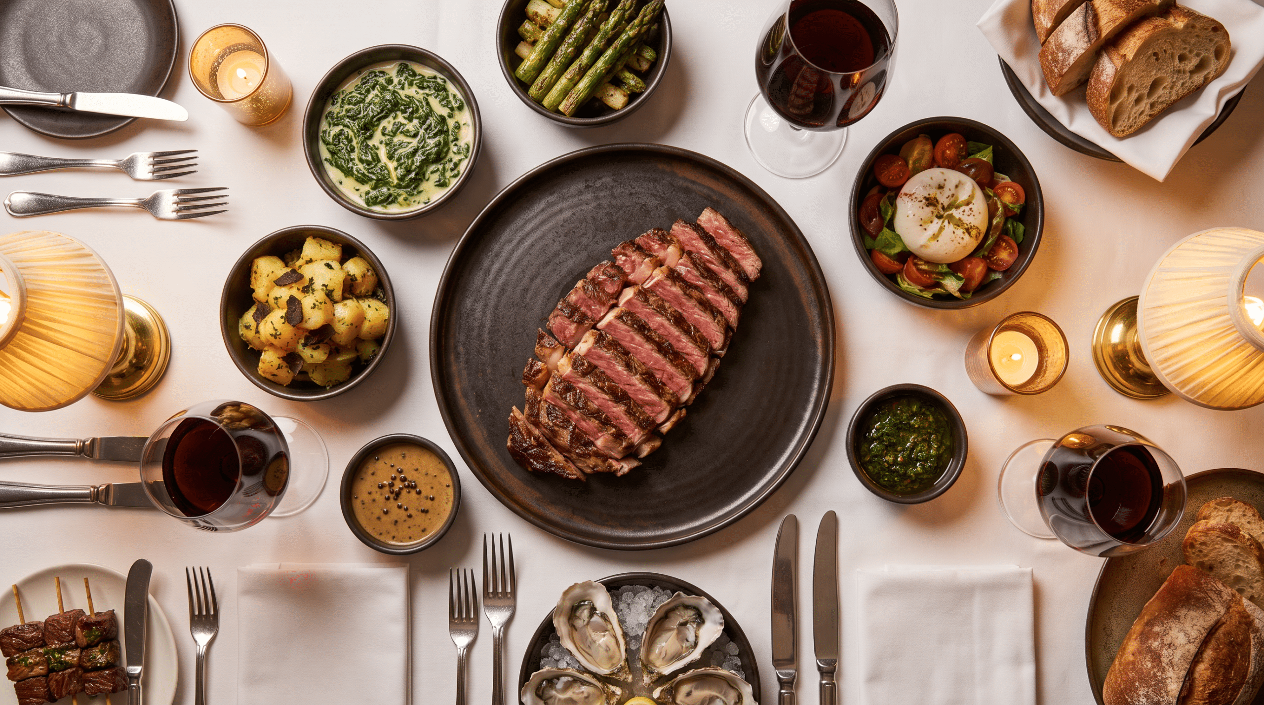 Steakhouse masasında dilimlenmiş biftek tabağı ve çevresinde küçük kaselerde mezeler, garnitürler ve soslar