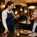 Restoran müdürünün masada oturan misafirle sakin biçimde konuştuğu steakhouse sahnesi