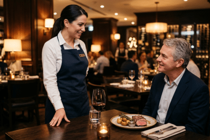 Restoran müdürünün masada oturan misafirle sakin biçimde konuştuğu steakhouse sahnesi