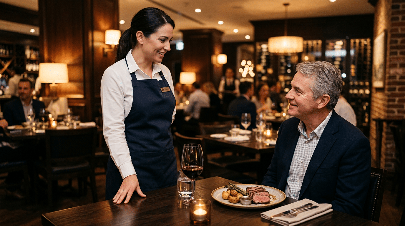 Restoran müdürünün masada oturan misafirle sakin biçimde konuştuğu steakhouse sahnesi
