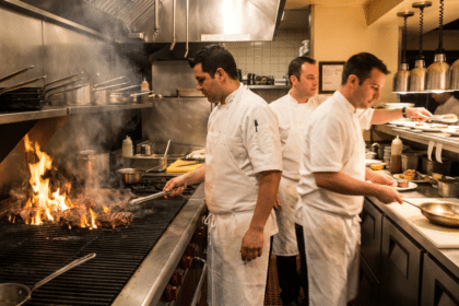 Steakhouse mutfağında ızgara istasyonunda çalışan aşçı ekibi