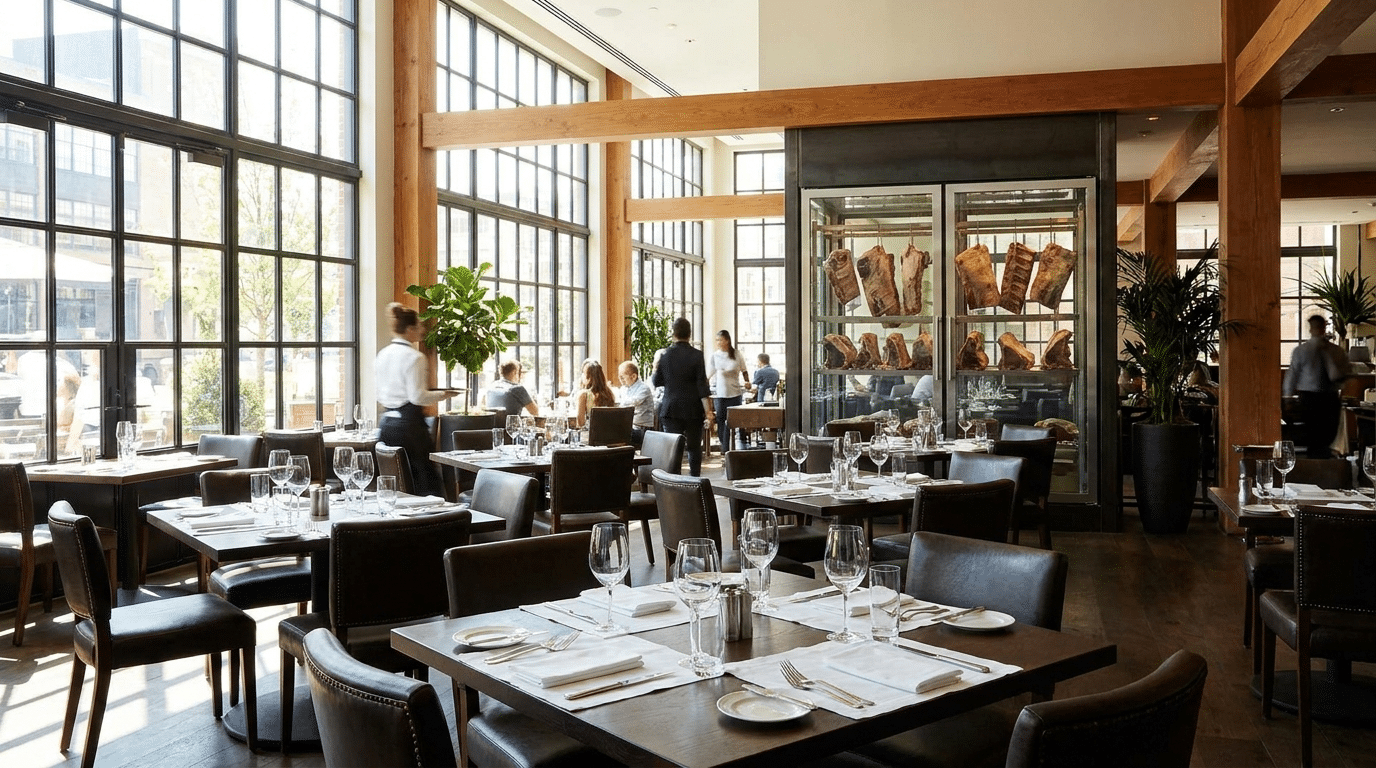 Gün ışığı alan modern steakhouse salonunda öğle servisi ve arka planda dry aged vitrini