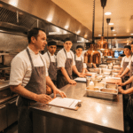 Şefin profesyonel steakhouse mutfağında ekibe standart operasyon prosedürünü anlatması