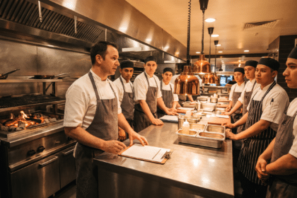 Şefin profesyonel steakhouse mutfağında ekibe standart operasyon prosedürünü anlatması