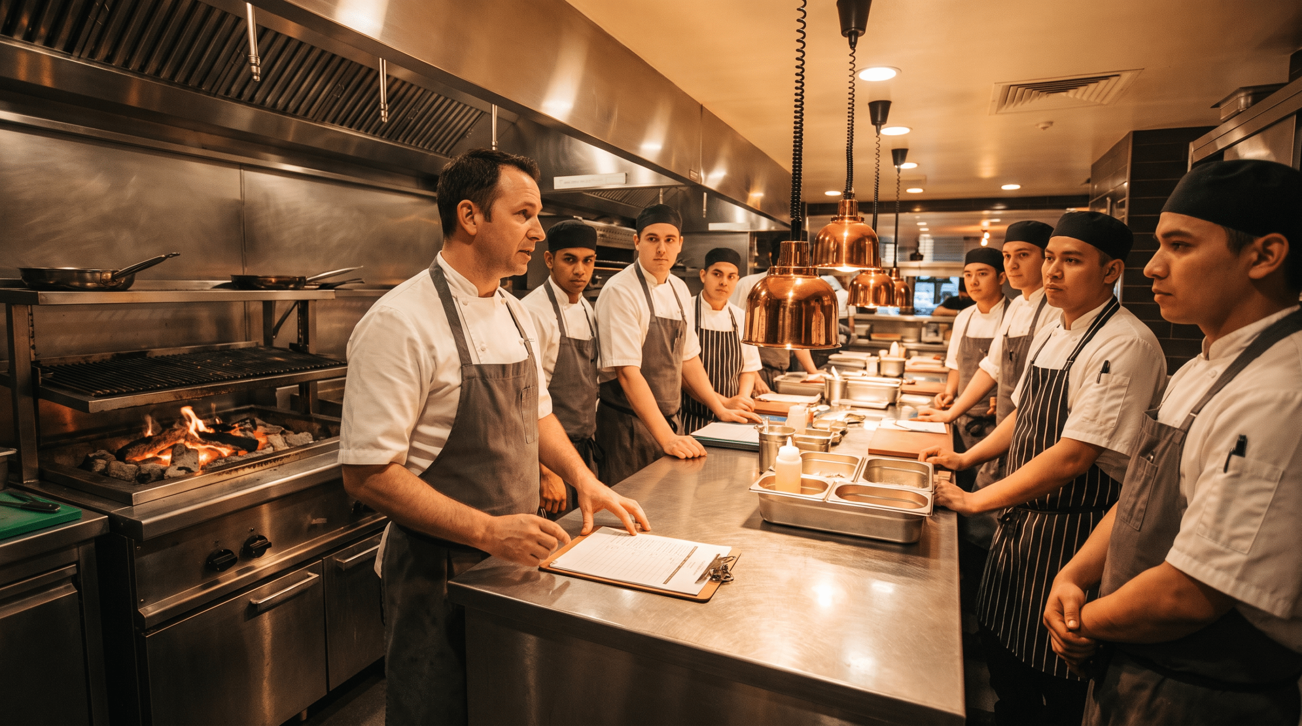 Şefin profesyonel steakhouse mutfağında ekibe standart operasyon prosedürünü anlatması