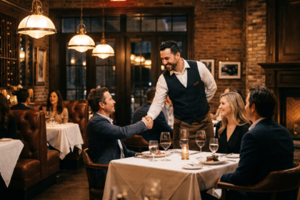 Steakhouse'ta garsonun düzenli misafirleri karşılaması