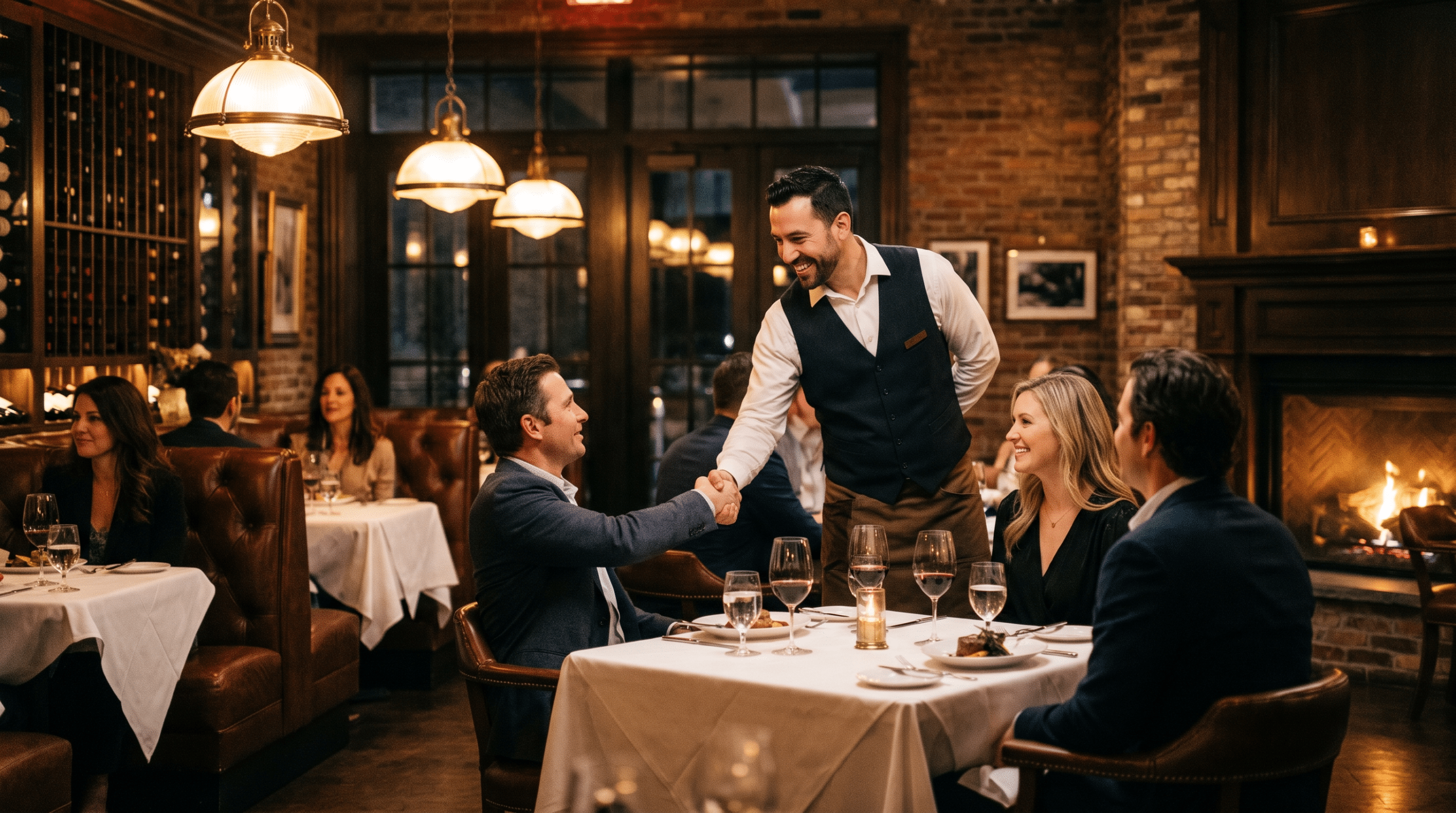 Steakhouse'ta garsonun düzenli misafirleri karşılaması