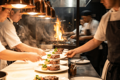 Steakhouse açık mutfağında pass bölümünde tabak hazırlayan şefler ve servisi bekleyen garson