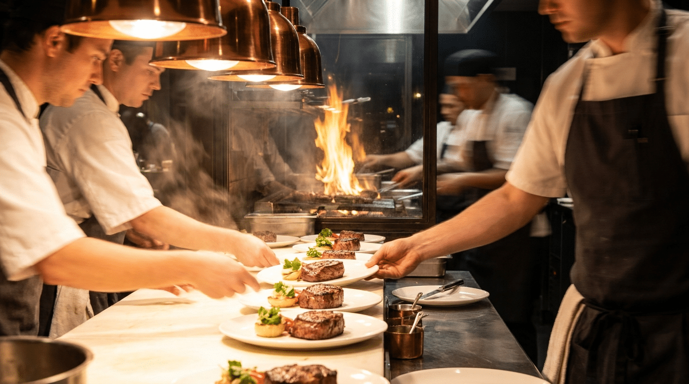Steakhouse açık mutfağında pass bölümünde tabak hazırlayan şefler ve servisi bekleyen garson