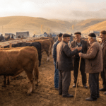 Sonbahar sabahında canlı hayvan pazarında besi sığırları ve fiyat pazarlığı yapan üreticiler