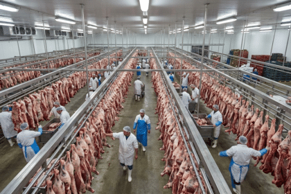 Toptan et halinde raylarda asılı dana ve kuzu karkasları