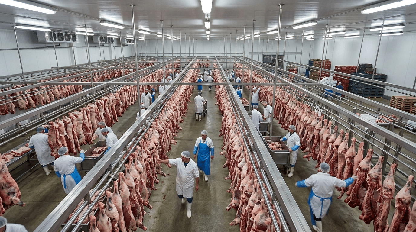 Toptan et halinde raylarda asılı dana ve kuzu karkasları