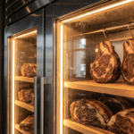Dry aged dolabı içinde yoğun mermerlenmeye sahip premium antrikot parçaları