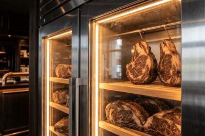Dry aged dolabı içinde yoğun mermerlenmeye sahip premium antrikot parçaları