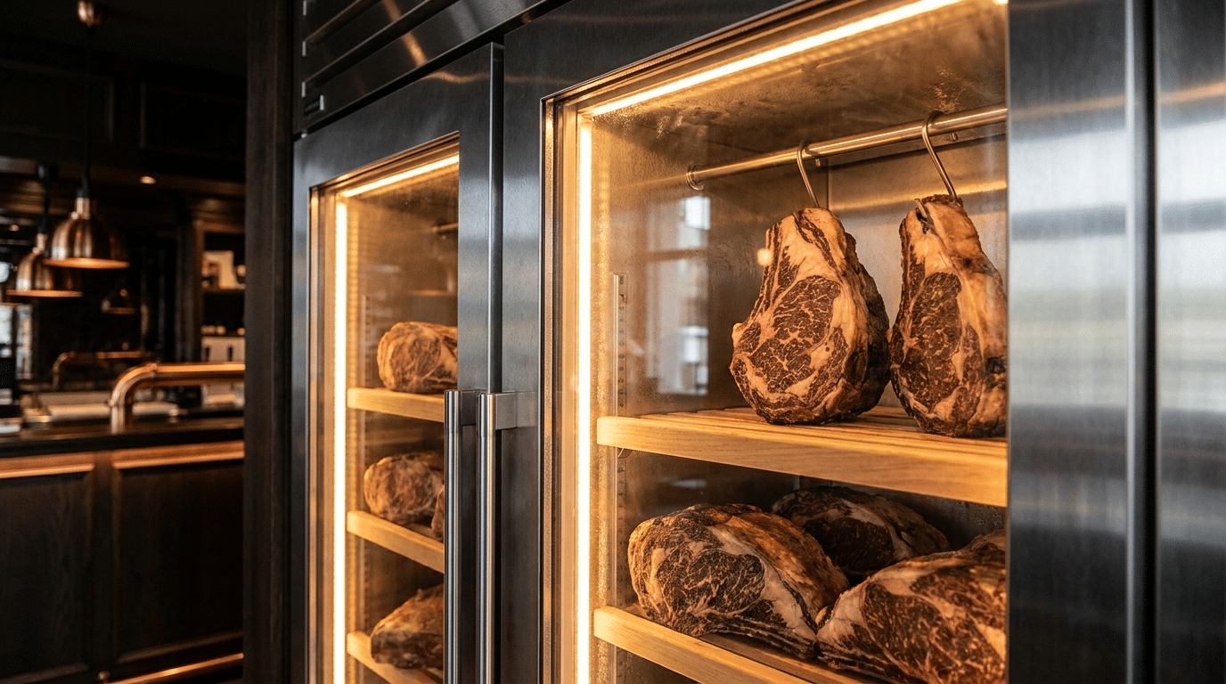 Dry aged dolabı içinde yoğun mermerlenmeye sahip premium antrikot parçaları