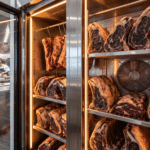 Yoğun şekilde doldurulmuş dry aged dolabının iç görünümü ve fan ızgarası