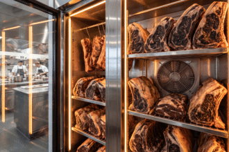Yoğun şekilde doldurulmuş dry aged dolabının iç görünümü ve fan ızgarası