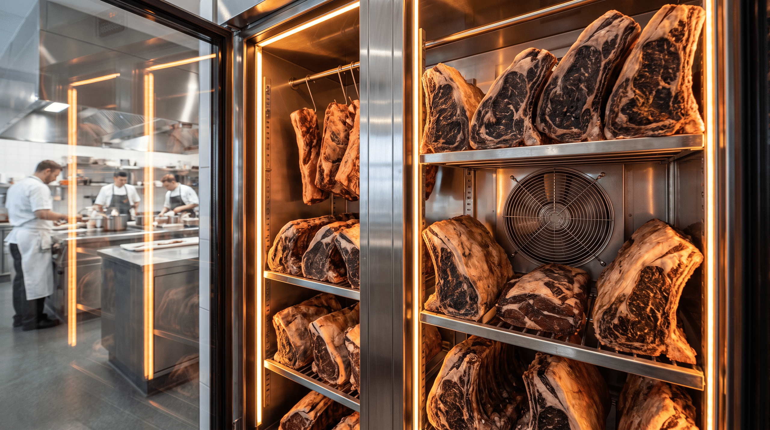 Yoğun şekilde doldurulmuş dry aged dolabının iç görünümü ve fan ızgarası