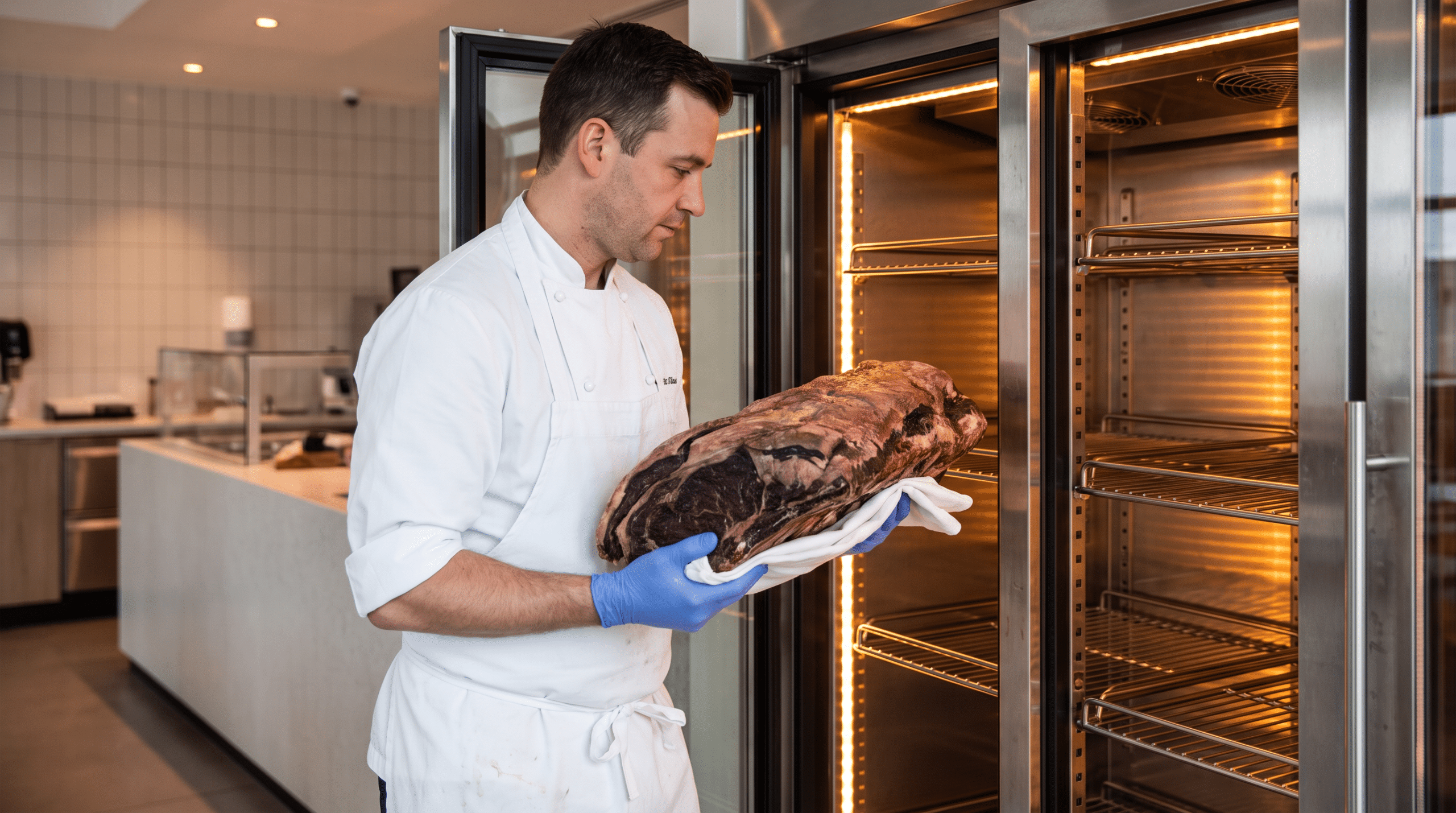 Kasap, dry aged dolabından dinlenmesi tamamlanmış koyu kabuklu bir dana kütüğünü çıkarıyor