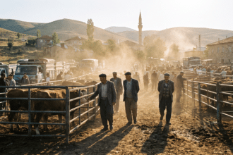 Sabah ışığında hayvan pazarı, padoklarda sığırlar ve inceleme yapan besiciler