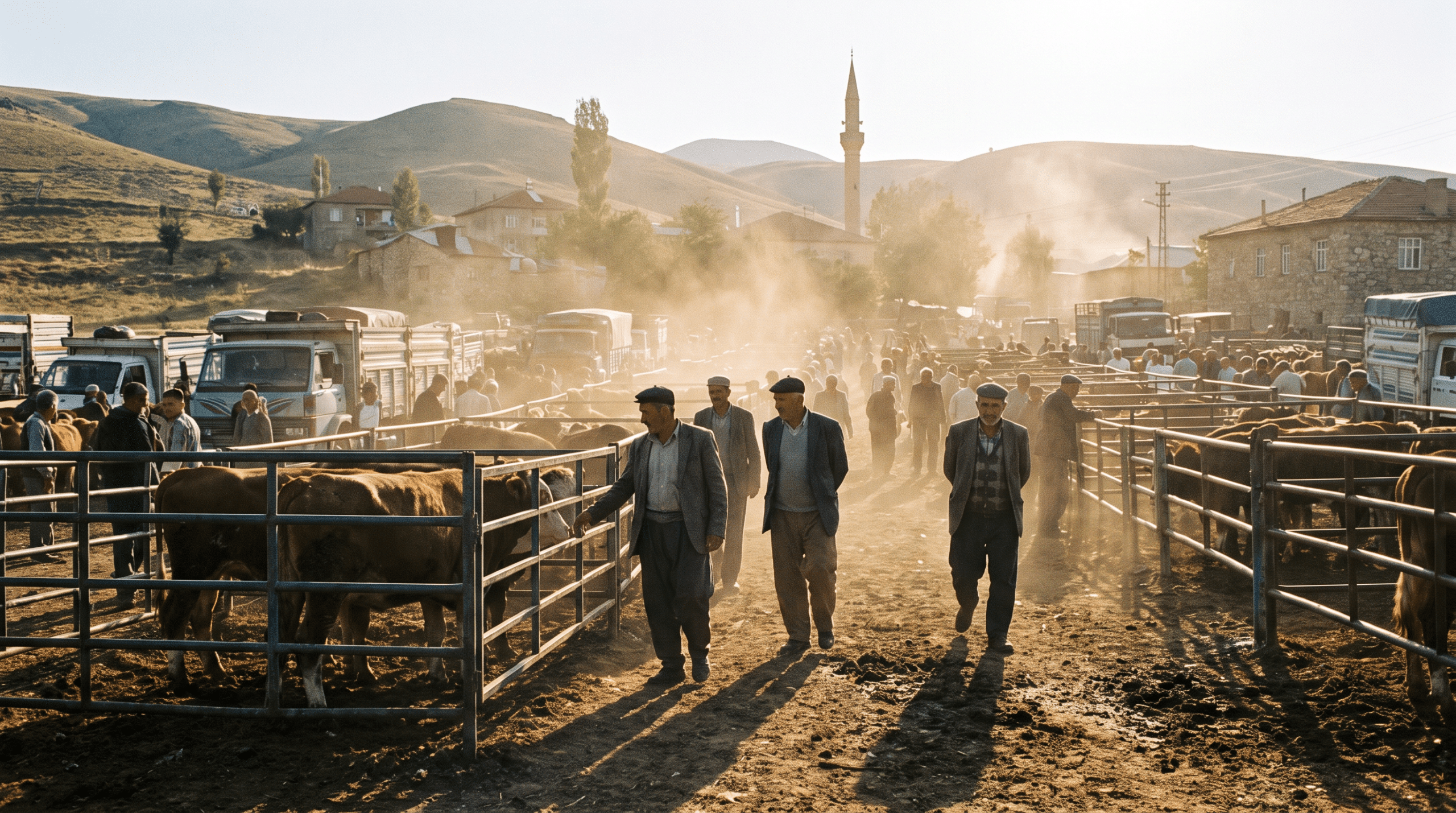 Sabah ışığında hayvan pazarı, padoklarda sığırlar ve inceleme yapan besiciler