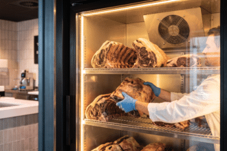 Kasap, dry aged dolabında bir et parçasını alt raftan üst rafa alarak konum rotasyonu yapıyor