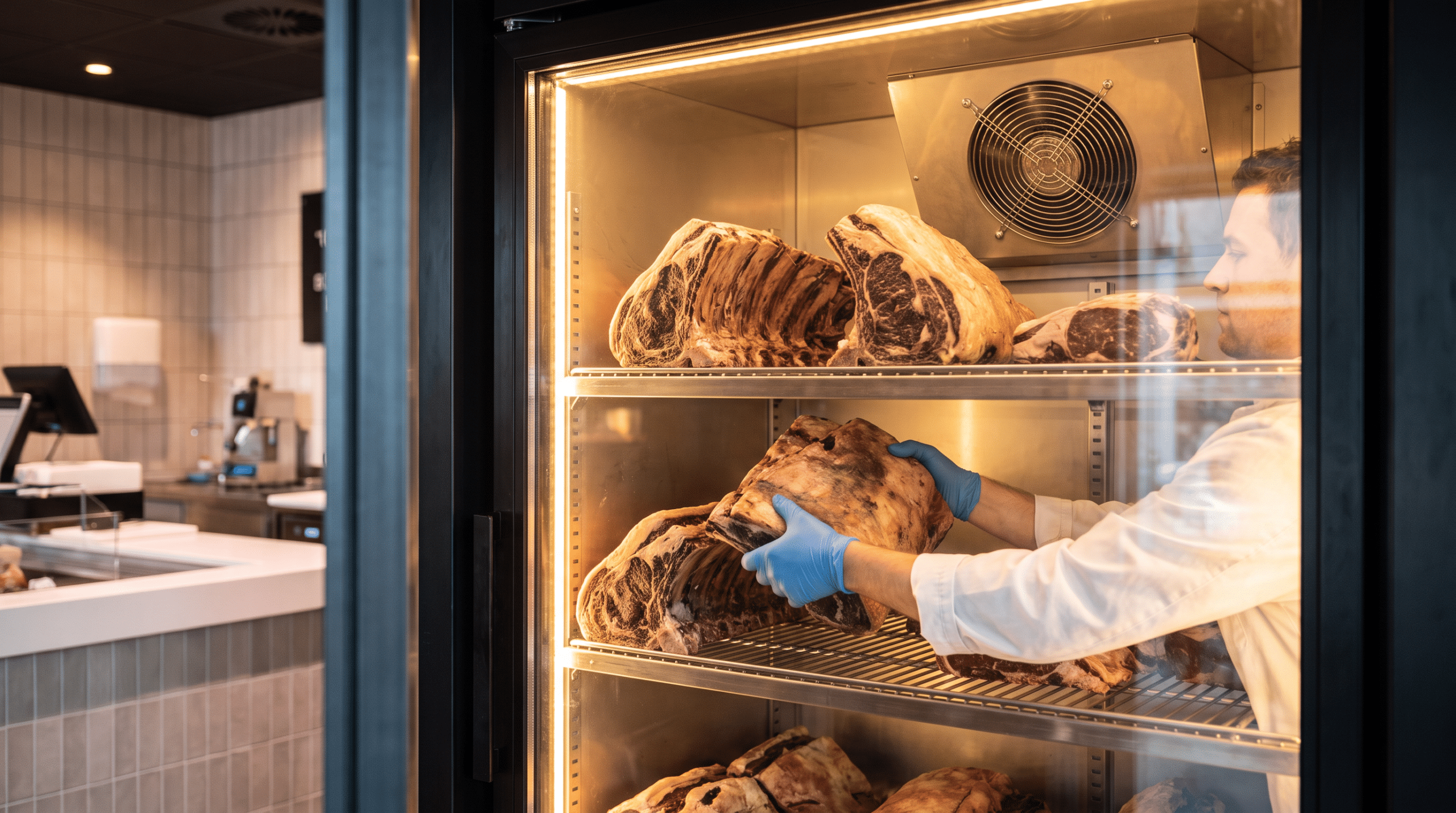 Kasap, dry aged dolabında bir et parçasını alt raftan üst rafa alarak konum rotasyonu yapıyor